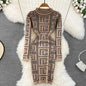 Autumn & Winter Women High Grade Fashion Geometric Prom Knitted Sweater Dress Above Knees Party Jacquard Wrapped Hip Dresses New