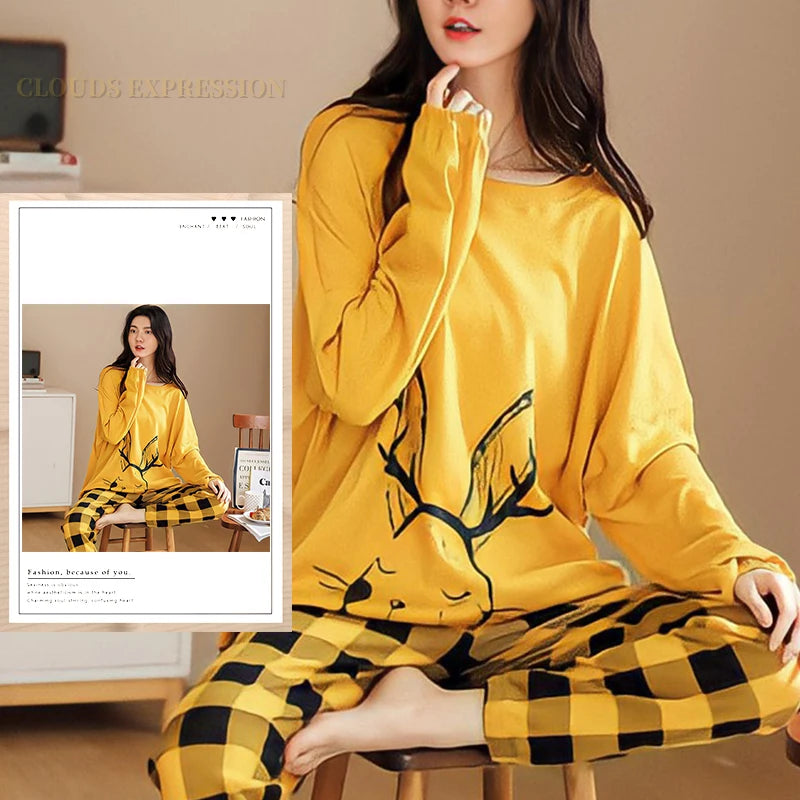 Spring Autumn Size 5XL Women Polyester Pajamas Dots Sleepwear Long-sleeved Homewear Sets Womens Cartoon Nightwear Casual Pijamas