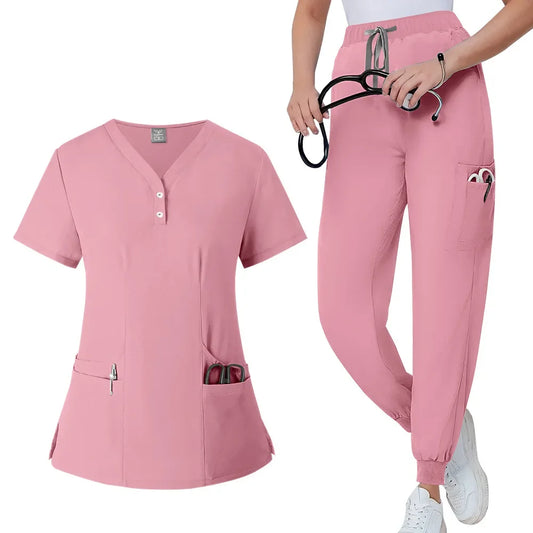 Women's Medical Frosted Pants with Mid Waist Elastic Wrinkle Resistant Slim Fit Pants Waist Drawstring Pocket Surgical Uniform