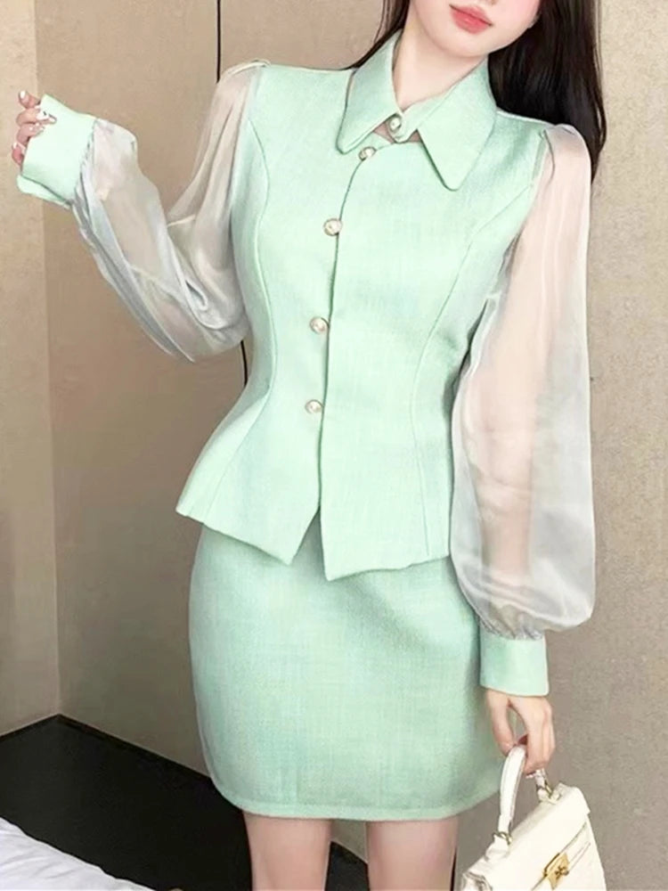 Women's French Temperament Two Piece Set Autumn New Chiffon Puff Sleeves Patchwork Tweed Tops + Waist Closing Skirt Suit