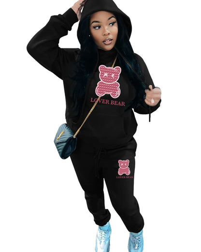 Lovely Bear Letter Print Kangaroo Pocket Tracksuit Set Long Sleeve Hoodie+Drawstring Trousers Women Two Pieces Matching Suits