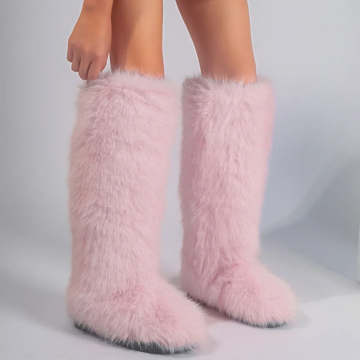 Women New Faux Fox Fur Long Boots Knee High Light Colour Fur Snow Boots Ladies Platform Push Shoes Drop Shipping Winter Shoes