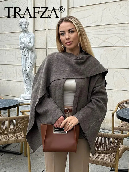 TRAFZA Fashion Burgundy Scarf Collar Woolen Coat For Women Autumn Elegant Long Sleeve Loose Jacket Lady Chic Casual Outwear