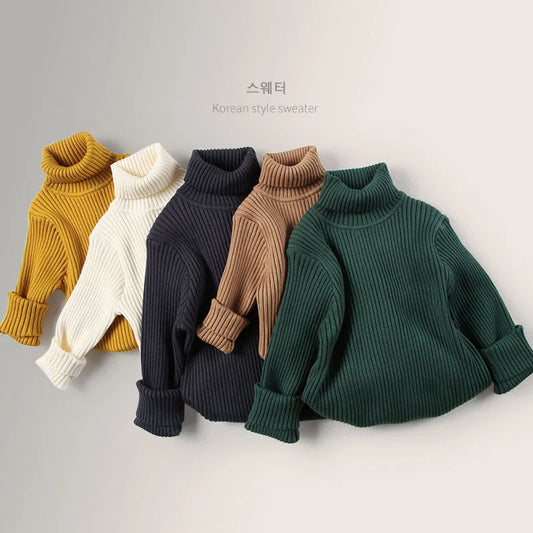 Autumn Winter New Baby Boys Girls Turtleneck Sweaters Kids Pullover Top Solid Color Knitted Bottoming Sweaters Children Clothing