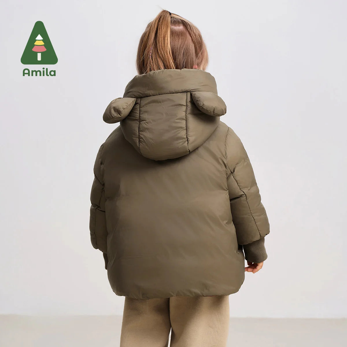 Amila Baby Down Jacket 2025 Winter New Style Boys And Girls Solid Color Bear Hooded Basic Warm Loose Casual Children’s Jacket