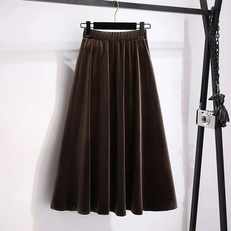 Women Large Size 4XL A-line Long Skirts Autumn Winter Ladies High Waist Skirt New Female Golden Velvet Maxi Skirt