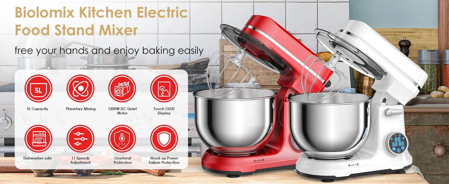 BioloMix Kitchen Food Stand Mixer, Blender, Quiet Motor, Cream Egg Whisk, Whip Dough Kneader, 6-Speed, 1200 W, 6 L, DC