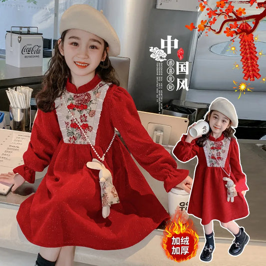 Girls' Clothes Winter Medium And Large Children Plus Velvet Thickening Princess Dress Little Girl New Year Re