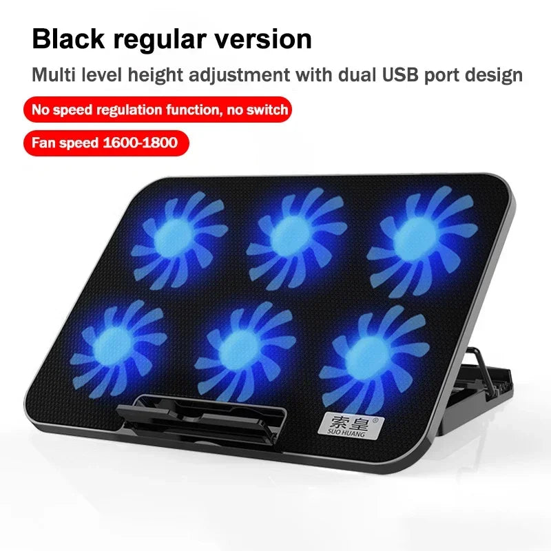 Gaming RGB Laptop Cooler 2 USB Ports 6 Fan Gaming Led Light Notebook Cooler For 13-18'' Stand 6 Height Wind Speed Adjustable