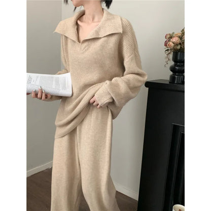 Autumn Cashmere Warm Soft Pants Suit Winter New Fashion Lapel V Neck Sweater Knitwear Casual Pants Women Two-piece Sets Elegant