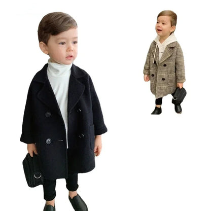 Winter Grid Jackets Boys Girl Woolen Double-breasted Baby Boy Trench Coat Lapel Autumn Kids Outerwear Coats Wool Overcoat