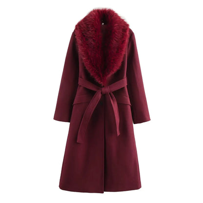 TRAF Wool Blend Elegant Long Coat Jackets Women Winter Removable Faux Fur Collar Belt  Warm French Chic Female Overcoat