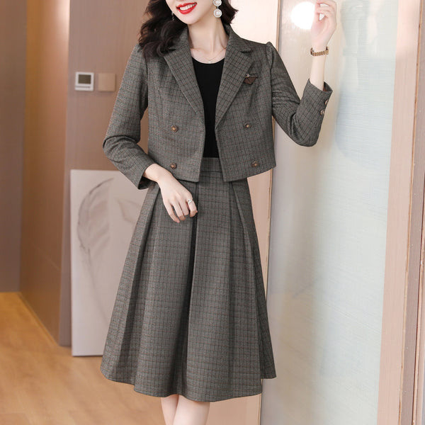 Autumn Female Two Piece Woolen Suit Jacket Set Winter Casual Print Evening Vintage Prom Women Elegant Bodycon Party Vestido