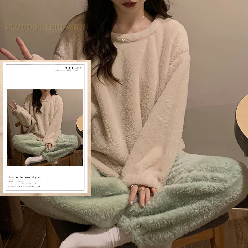 Winter Thermal Fleece Solid Women's Pajama Sets Pyjamas Warm Plush Pjs Loung Sleepwear Girls Pijama Mujer Night Suits Homewear