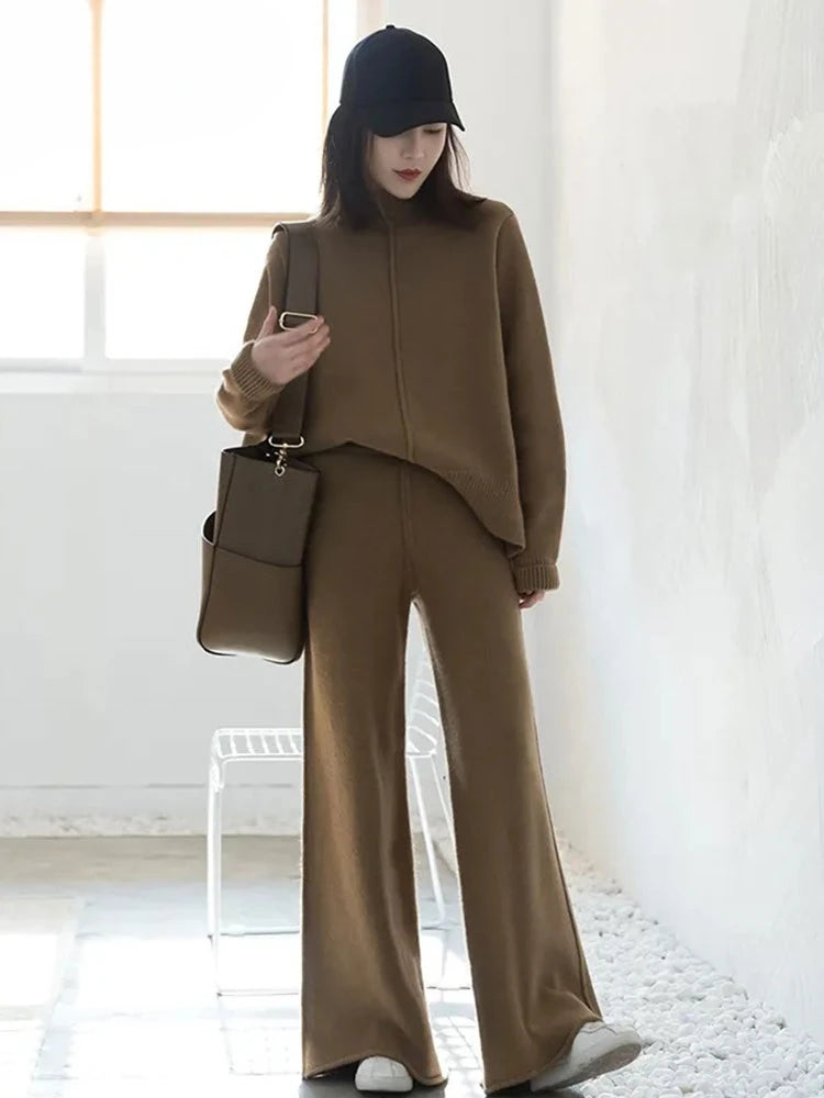 Autumn And Winter Fashion Knit Suit New Elegant Temperament Split Sweater Wide Leg Pants Women's Two-Piece Set