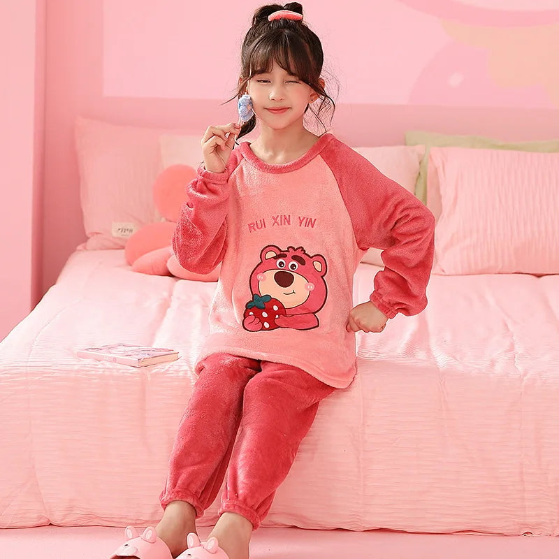 Miniso 2025 Winter Pajamas Sets Children Flannel Warm Sleepwear Kawaii Anime Cartoon Boy Girl Pijama Suit Autumn Kids Loungewear