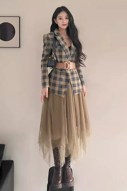 Romantic Tea Break Suit Jacket Small Fragrance Style Suit Plaid Princess Half Skirt Light Mature Imperial Sister Two-piece Set