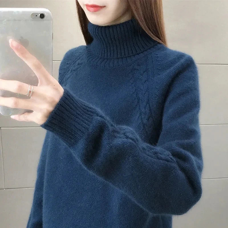 Women's Turtleneck Sweater Fall Winter New Loose Warm Knit Pullover Tops Candy Colors Knitwear Jumper Korean Soft Casual Poleras