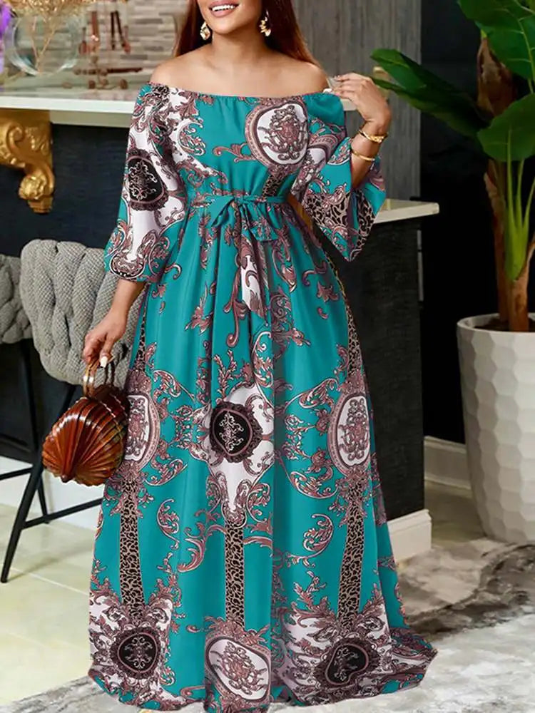 VONDA Women Printed Party Dress 2024 Sexy Off Shoulder Long Lantern Sleeve Bohemian Sundress Belted Vintage Maxi Robe Oversized