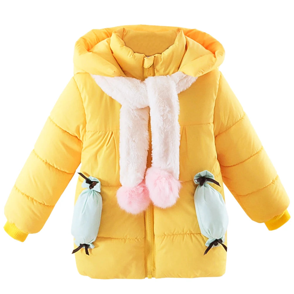 Children's Down Jacket Cotton Padded Puffer Coat Girls Winter Snow Wear Warm Hooded Toddler Quilted Coat Outerwear with Scarf