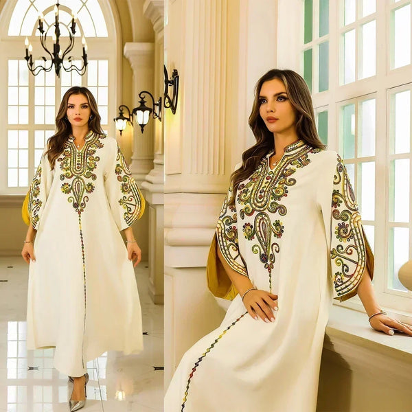 Muslim Colorful Floral Embroidery Abaya Women Elegant Long Dress Split Sleeve Jalabiya Fashion V-neck Robe Loose Gown Kaftan Eid