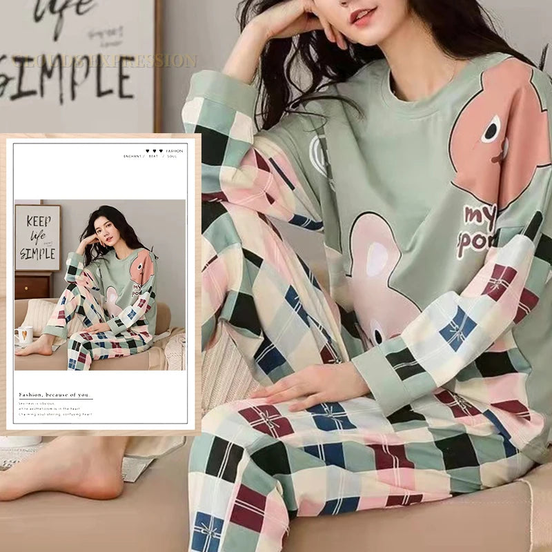 Spring Autumn Big Size 5XL Women Polyester Pajamas Plaid Sleepwear Long-sleeved Homewear Sets Womens Simple Loose Casual Pijamas