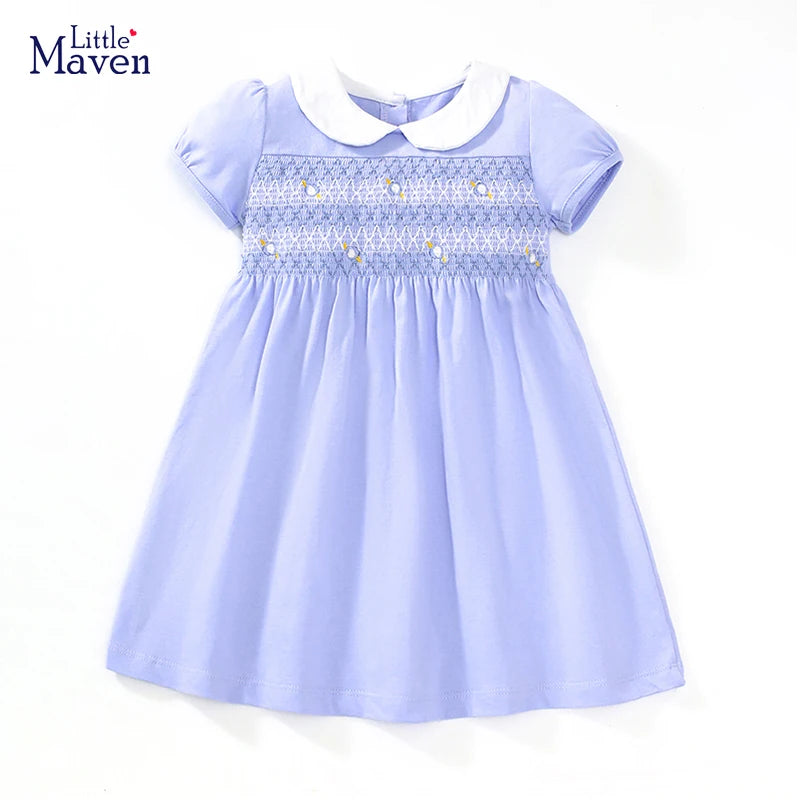 Little maven 2025 Kids Clothes Summer Princess Blue Dress for toddler Girls Children’s Clothes Cartoon Embroidery Flowers Cotton