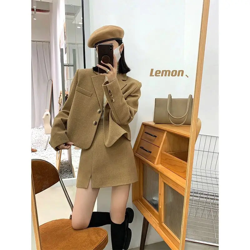 Woolen Suit Women Short Woolen Coat and Skirt Autumn Winter New Retro Korean Fashion Solid Temperament Two-piece Sets Trend