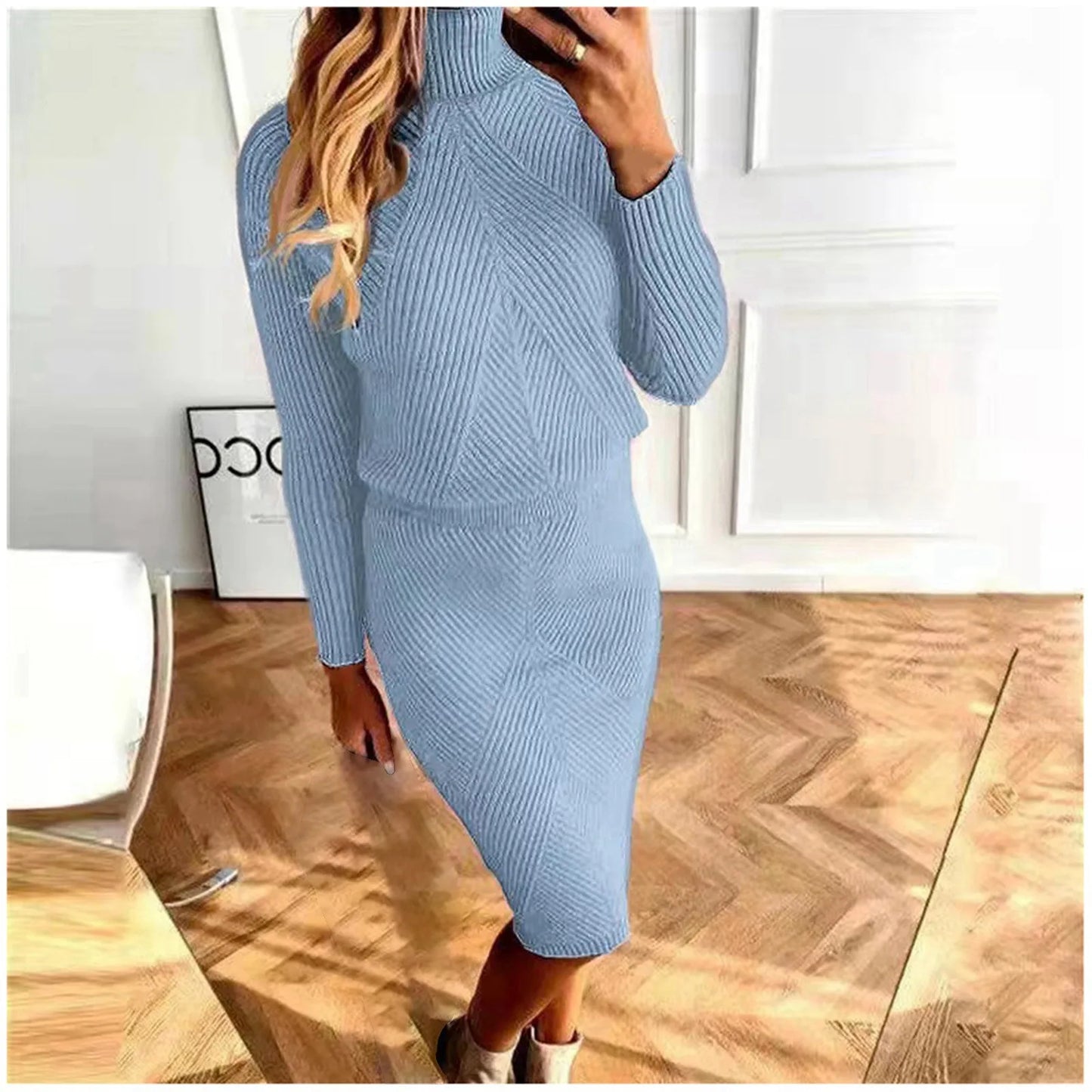 Winter Elegant Women'S Sets Korean Large Knitted Turtleneck Y2k Pencil Skirt Sets 2 Piece Outfit Office New In Matching Sets