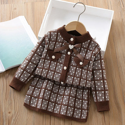 Little maven Children's Plaid Outfits With Bowknot for Baby Girls Princess Suits Winter Elegant Sweater + Dress Lattice Set