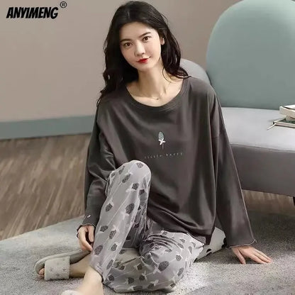 M-5XL Big Size Autumn Spring Pajamas Set for Women Kawaii Printing Sleepwear for Girl Fashion Long Sleeve O-neck Woman's Pijamas