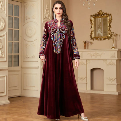 Sequin Embroidery Abayas for Women Eid Muslim Maxi Dress Dubai Kaftan Long Sleeve Winter Velvet Jalabiya Islam Clothing Vestidos