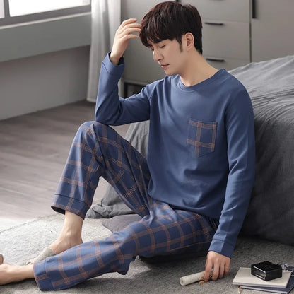 100% Cotton Men Pajamas Set Long Sleeve Pijama for Male S-XXXL Size Homewear Pure Cotton Loungewear Nightie Sleepwear Man Pyjama