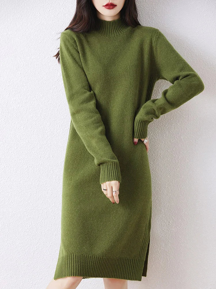 Women's Sweater Dress 100% Merino Wool Knitwear Mock Neck Pullover Cashmere Split Solid Soft Basic Autumn Winter