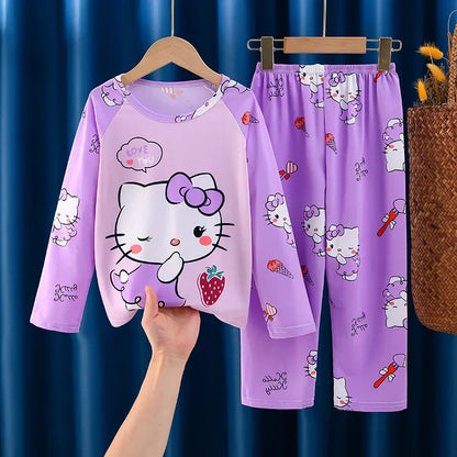 2025 Autumn Kawaii Miniso Children Milk Silk Pajamas Sets Girl Boy Sleepwear Korean Kids Homewear Clothes Cute Anime Loungewear