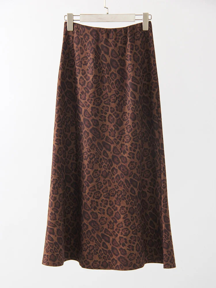 Winter Leopard Print Suede Skirt Long Women Autumn Vintage A Line Brown Maxi Skirts For Women Winter Warm Suede Leopard Skirts