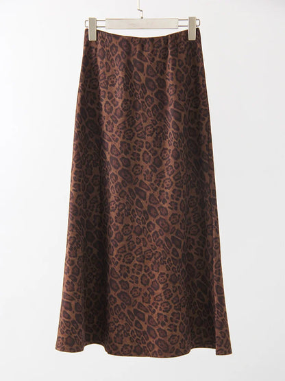 Winter Leopard Print Suede Skirt Long Women Autumn Vintage A Line Brown Maxi Skirts For Women Winter Warm Suede Leopard Skirts