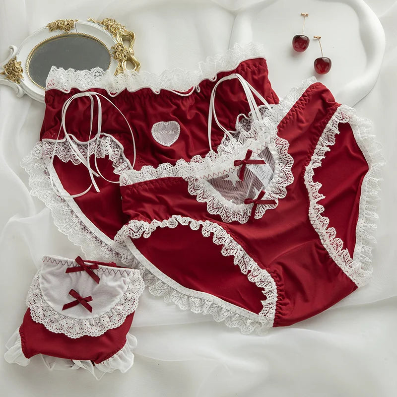 SP&CITY Lolita Lace Cotton Crotch Red Panties Low Waist Cute Ruffle Hollow Out Mesh Underwear Women’s Christmas Seamless Briefs