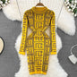 Autumn & Winter Women High Grade Fashion Geometric Prom Knitted Sweater Dress Above Knees Party Jacquard Wrapped Hip Dresses New