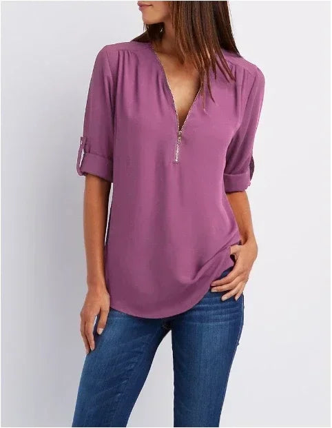 Summer Women Cool Loose Shirt Deep V Neck Chiffon Blouse Casual Ladies Tops Sexy Zipper Pullover Plus Size Long Sleeve Fashion