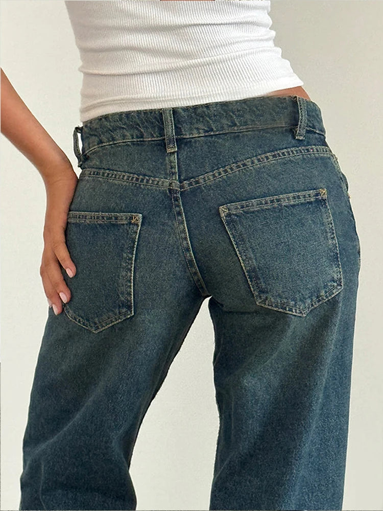 Women Vintage Aesthetic Y2k Low Rise Baggy Jeans Loose Fit Boyfriend Straight Wide Leg Jeans Trendy Stretch Long Denim Pants