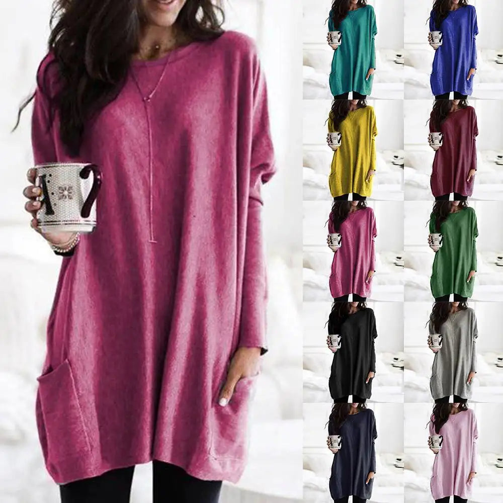 Women‘s Long Sleeve Pocket Tunic Tops Blouse Ladies Casual Loose Jumper Pullover Plus Size Clothing For Female