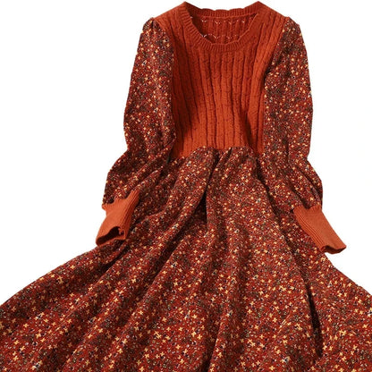 Autumn Winter New Korean Patchwork Bandage Long Sleeved Knitted Dress Women's Fashion Slim Sweet Corduroy Flower Dresses