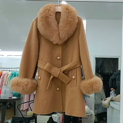 Winter Real Fox Fur Coat Women Wool Jacket With Natural Fox Fur Collar Slim Female Woolen Cashmere Outwear