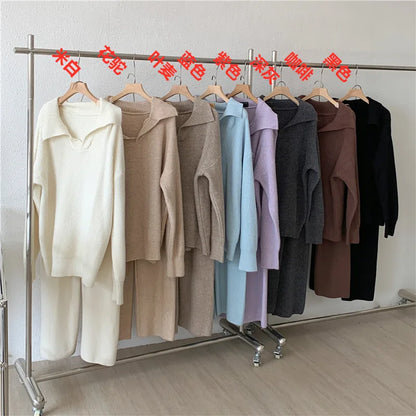 Autumn Cashmere Warm Soft Pants Suit Winter New Fashion Lapel V Neck Sweater Knitwear Casual Pants Women Two-piece Sets Elegant