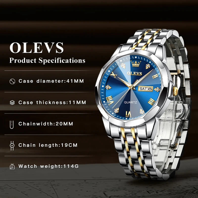 OLEVS Men‘s Watches Gold Original Quartz Wristwatch Waterproof Luminous Watch for Male Rhombus Mirror Date Week Luxury Dress