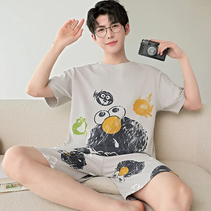 2025 Summer Men’s Sleepwear Cotton Cartoon Pajamas Sets For Man Short Loungewear Young Home Wear Fasion Student Pyjama Set Homme