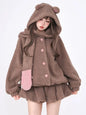 Winter Warm Kawaii Two-piece Set Women Wool Korean Elegant Skirt Suit Japanese Sweet Hooded Coat + Lolita Party Mini Skirt