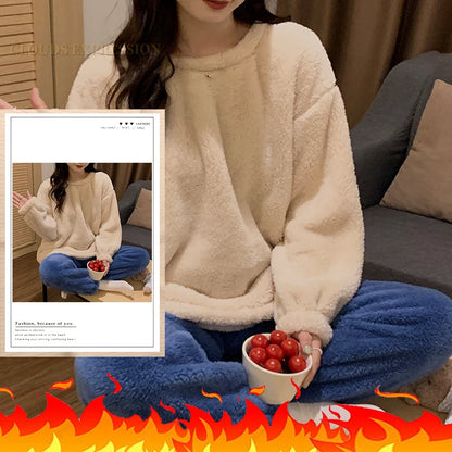 Winter Thermal Fleece Solid Women's Pajama Sets Pyjamas Warm Plush Pjs Loung Sleepwear Girls Pijama Mujer Night Suits Homewear