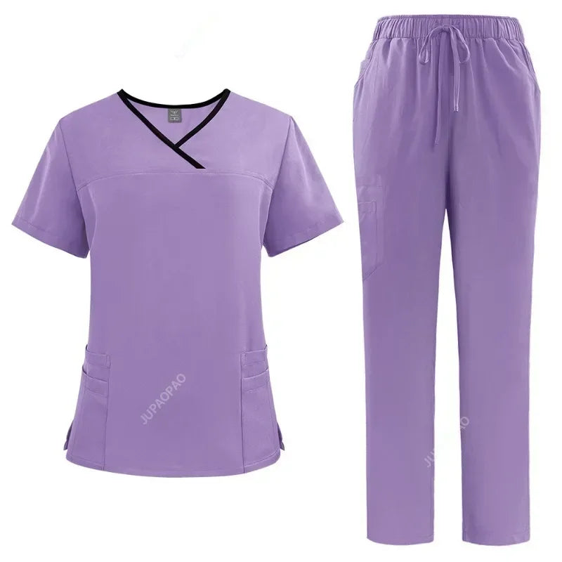 Medical Uniform Trendy Women's Scrub Set Stretch Soft Y-Neck Top Pants Hospital  Pet Clinic Doctor Costume Contrasting Colors